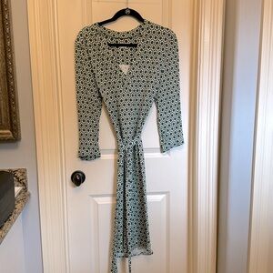Boden Green White Geometric Wrap Dress — Long Sleeve
